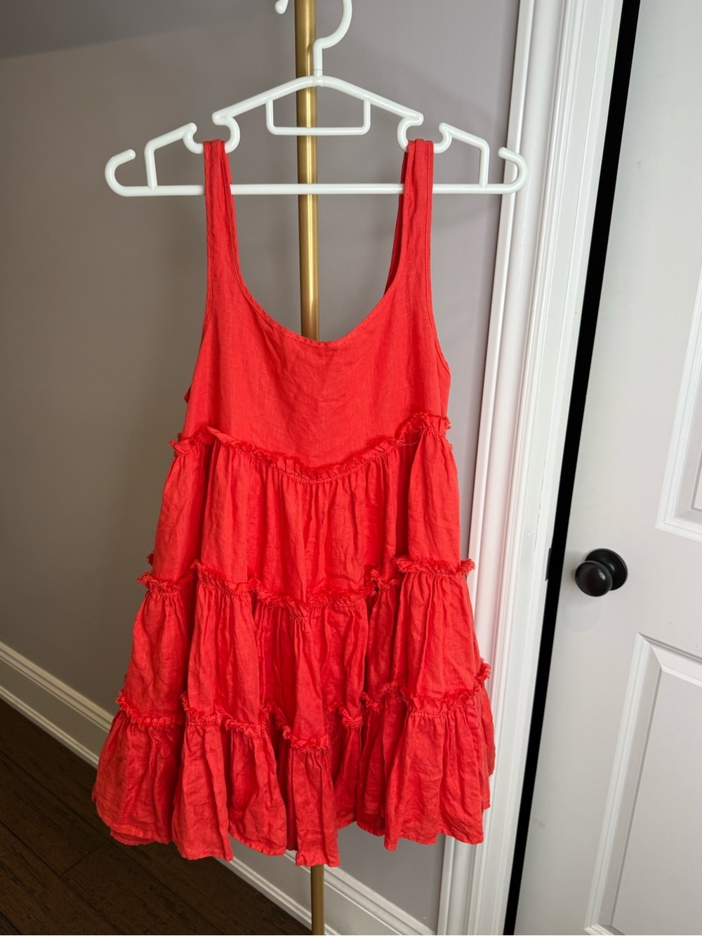Left On Friday Half Day Ruffle Tier Linen Dress in Flame (red) size Small